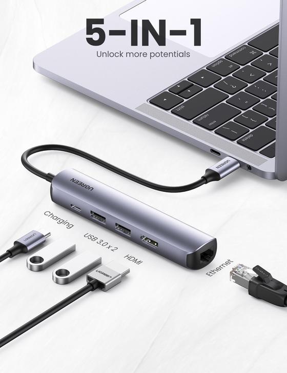 UGREEN USB-C to 2*USB 3.0+HDMI+RJ45 Ethernet Adapter+PD – LinkServe