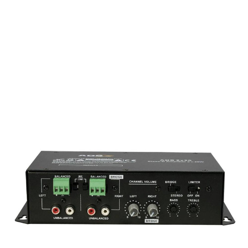 Mini Stereo 2 Channel Class-D Amplifier 2×20W@4ohm, DC 24V power adapter is included, 2 mic/line inputs, can be bridged to 40W