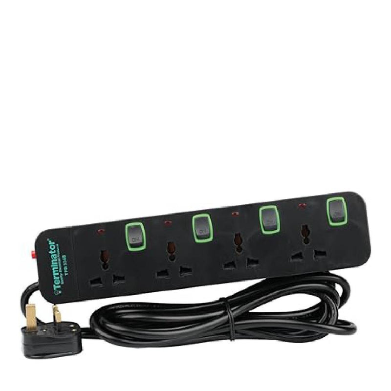 Terminator 4 Way Universal Power Extension Socket With Green Border Switches & Indicators 3M 13A