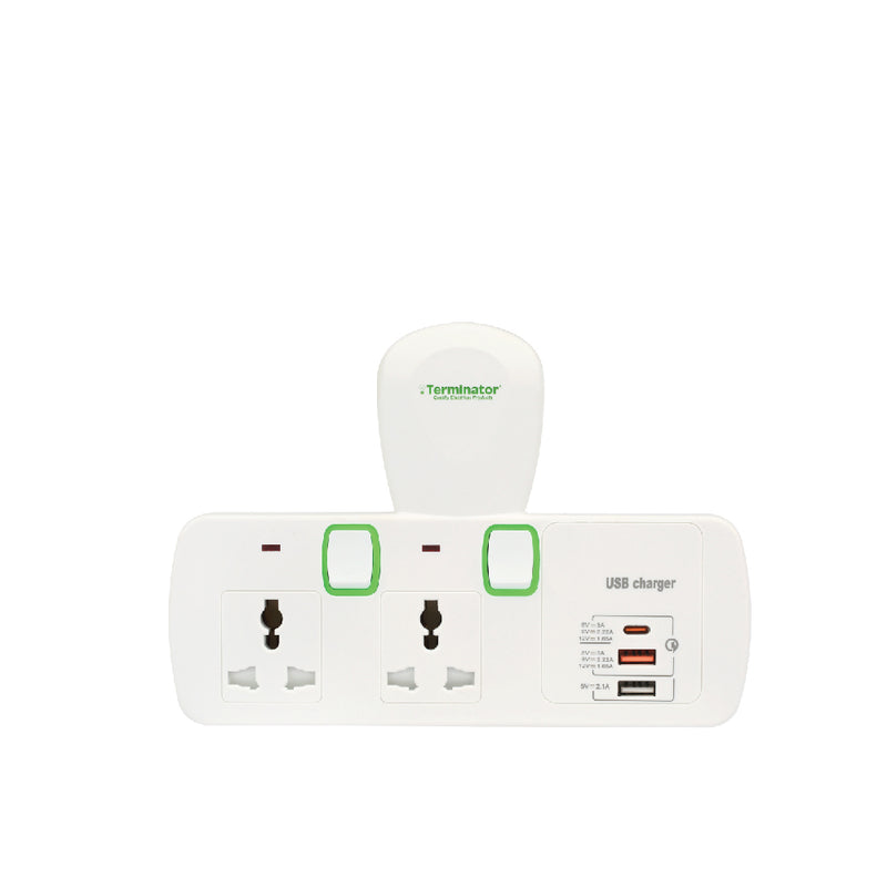 2 Way Universal T Socket With 3USB (A & C Type), Individual Switch And Indicator