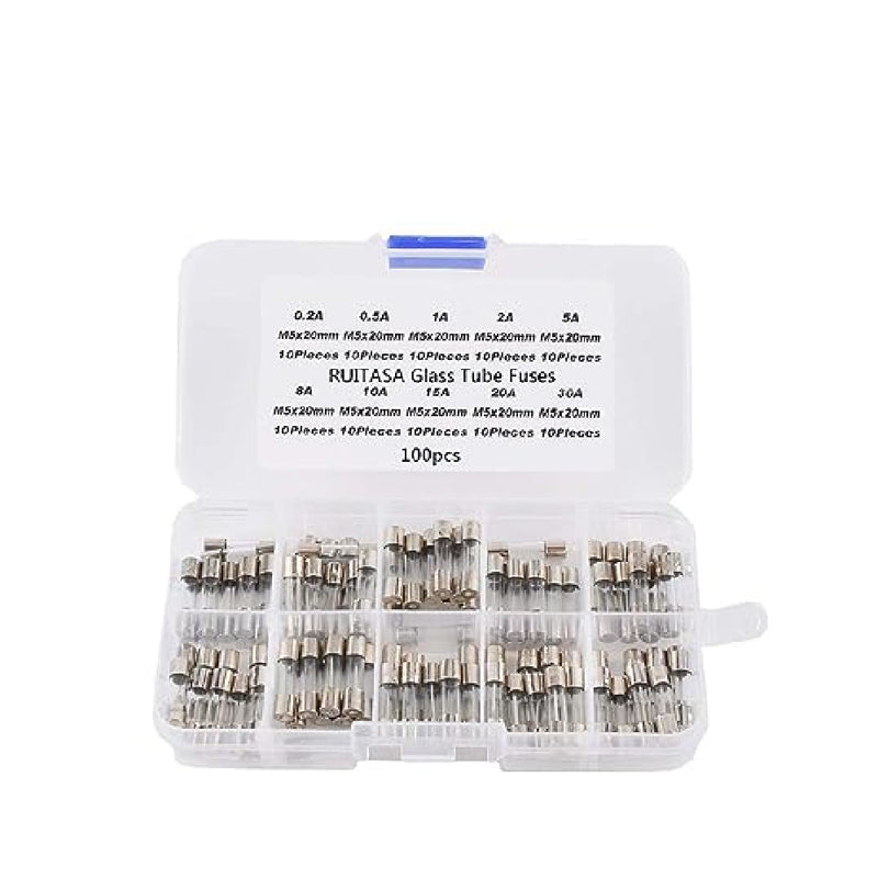 100PCS/lot 5x20mm Quick Blow Glass Tube Fuse Assorted Kit Fast Blow Glass Fuses 250V 1A/2A/3A/4A/5A/6A/7A/10A/15A/20A