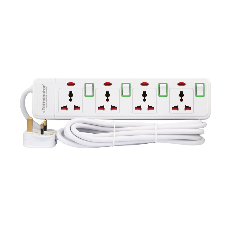 Terminator 4 Way Universal Power Extension Socket With Green Border Switches & Indicators 3M 13A
