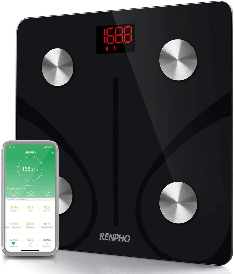 RENPHO Bluetooth Body Fat Scale Smart BMI Scale Digital Bathroom Wireless Weight Scale, Body Composition Analyzer with Smartphone App 396 lbs - Black, 11 x 11 Inch