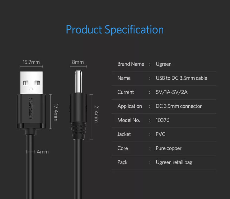 UGREEN USB to DC 3.5mm Power Cable 5V 1M