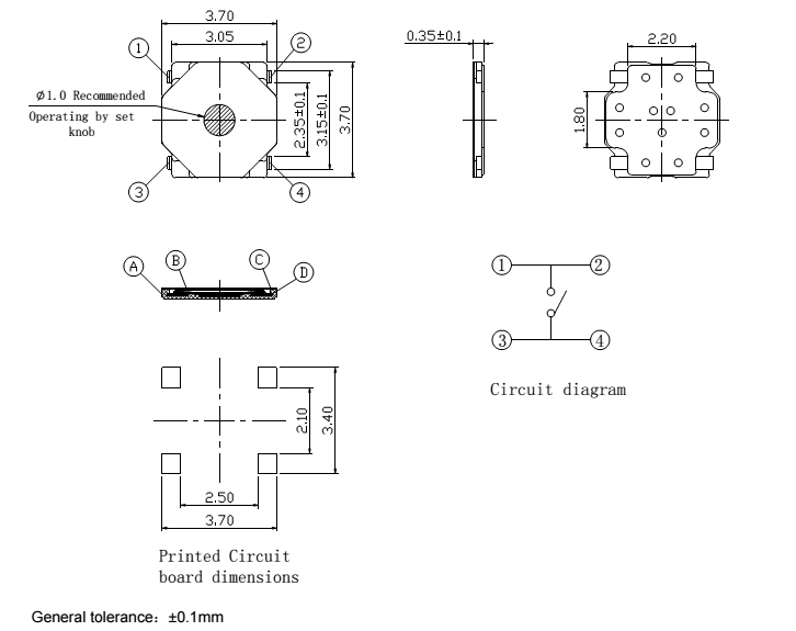 SMD 3.7*3.7*0.35mm 12VDC 50mA Tact Switch - KAN3742