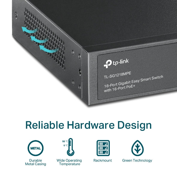 TP-LINK JetStream 16-Port Gigabit Easy Smart PoE+ Switch with 2 SFP Slots