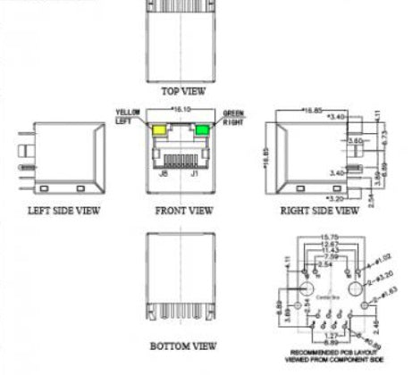 RJ45 Surface Mount Network Jack 8 PINs PCB Right Angle Mounting