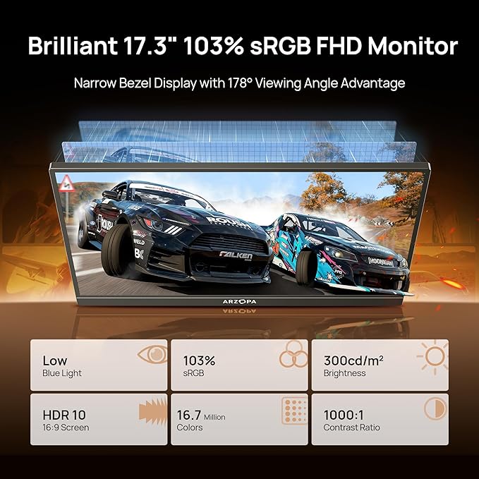 ARZOPA 17.3" 1080p Portable Monitor - Black