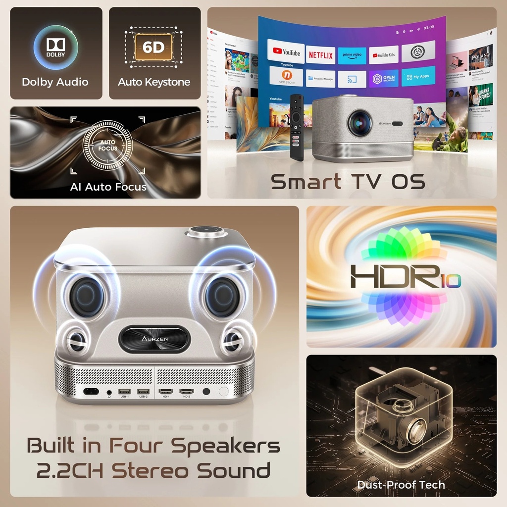Aurzen BOOM3 Web OS 400 ANSI Speaker 18W*2 Auto Focus & Auto Keystone 1080p Smart Projector