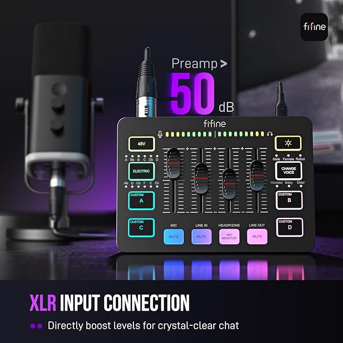 FIFINE Gaming Audio Mixer,Streaming 4-Channel RGB Mixer