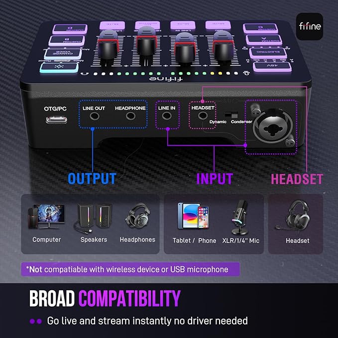 FIFINE Gaming Audio Mixer,Streaming 4-Channel RGB Mixer