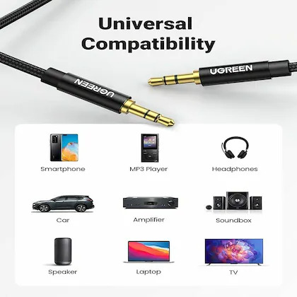 UGREEN 3.5mm Male to 3.5mm Male Cable Gold Plated Metal Case with Braid 1m (Black)