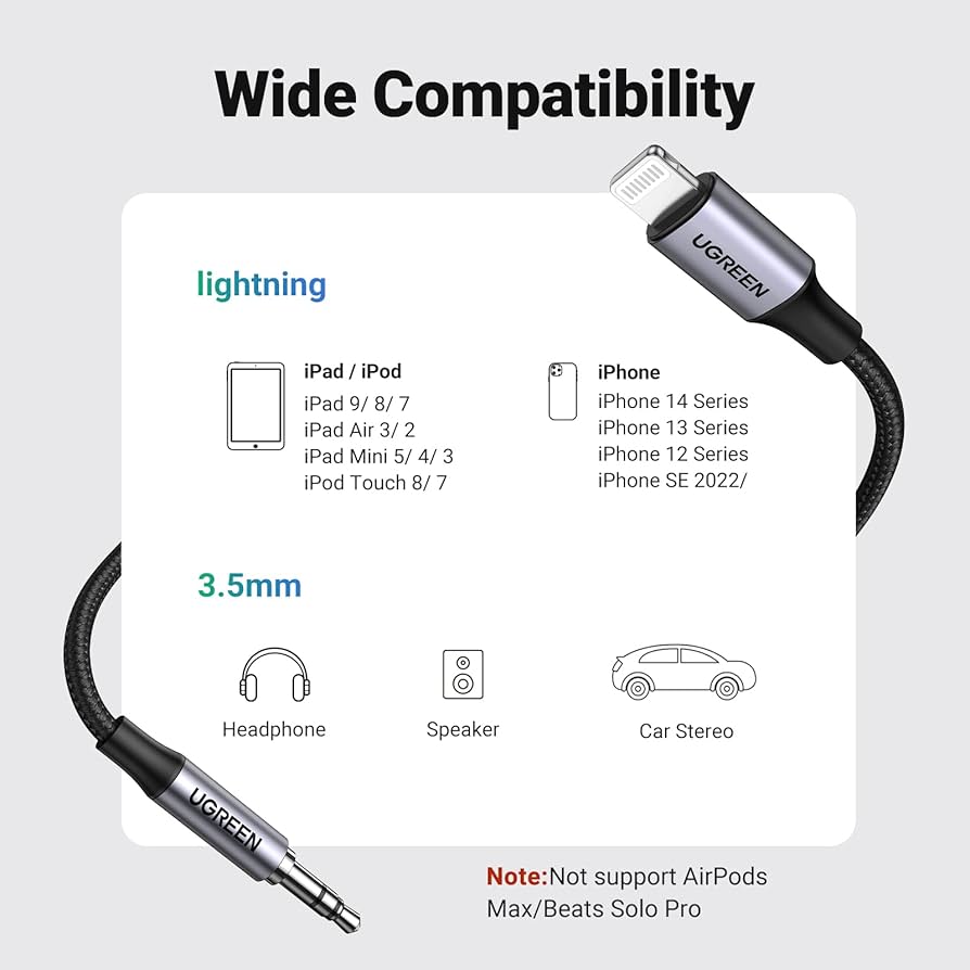 UGREEN Lightning to 3.5mm Aux Cable Aluminum Shell with Braided 1m (Black)