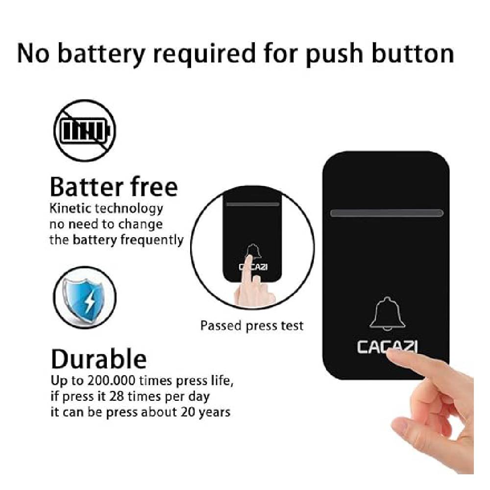 [85278] CACAZI AC Wireless Doorbell Kit, Plug-in Receiver - 1 Button + 2 Receiver, Black Image 