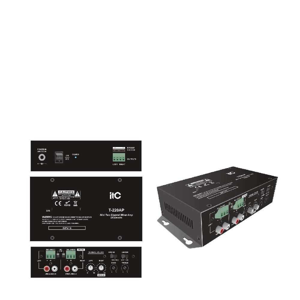 [85174] ITC Mini Stereo 2 Channel Class-D Amplifier 2×20W@4 ohm, 1 aux input. Image 