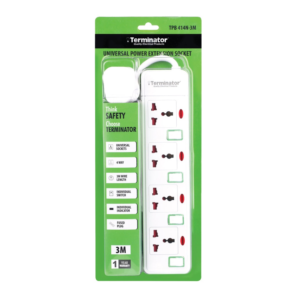 [84829] Terminator 4 Way Universal Power Extension Socket With Green Border Switches & Indicators 5M 13A Image 