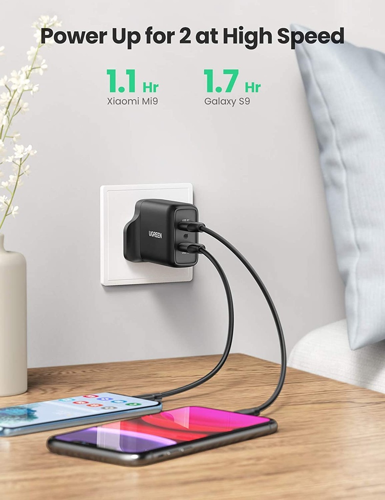 [83686] UGREEN 36W 2 Port USB Fast Charger UK (Black) Image 