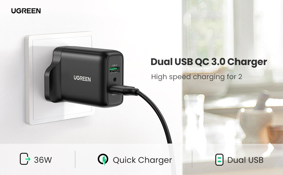 [83686] UGREEN 36W 2 Port USB Fast Charger UK (Black) Image 