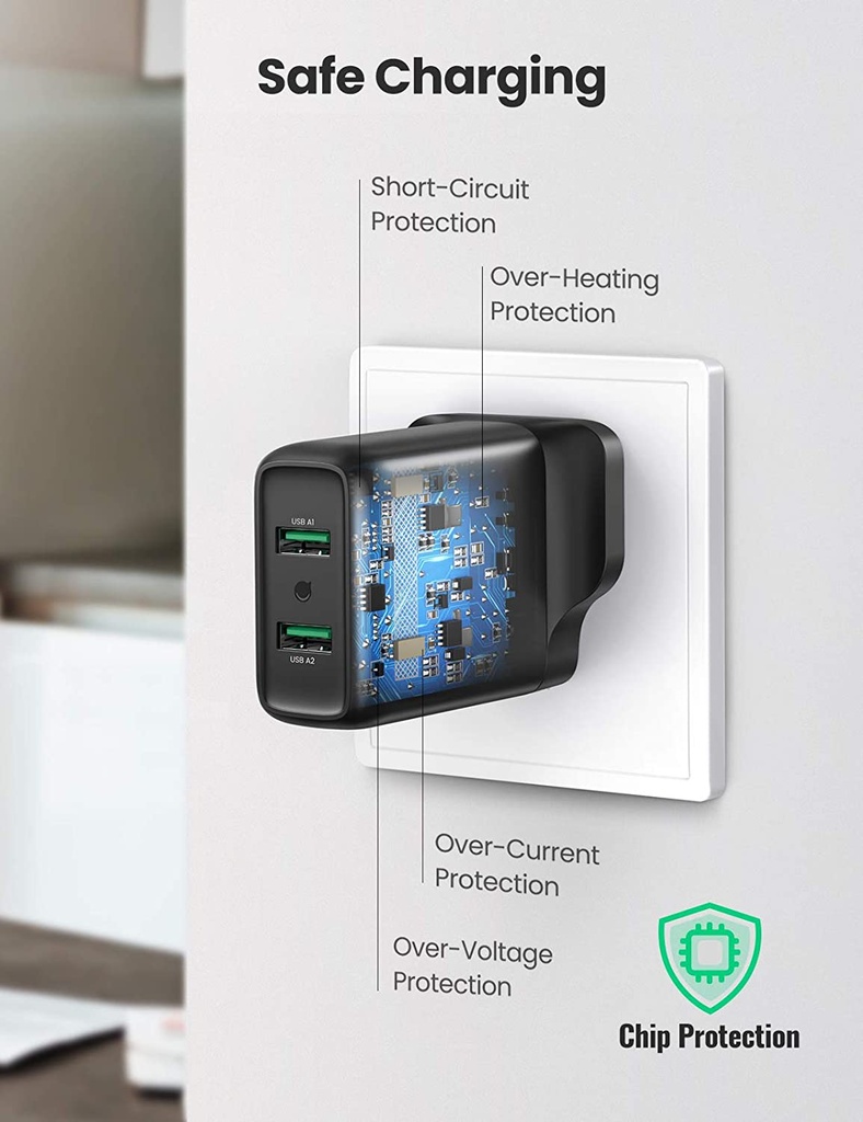 [83686] UGREEN 36W 2 Port USB Fast Charger UK (Black) Image 