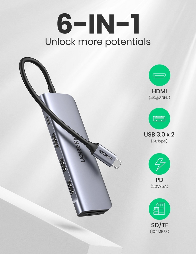 [82151] UGREEN 6-in-1 USB C PD Adapter with 4K HDMI Image 
