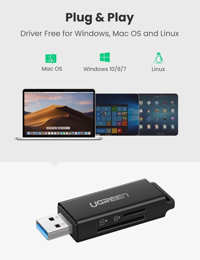 [80722] UGREEN USB 3.0 to TF + SD Dual Card Reader (Black) Image 