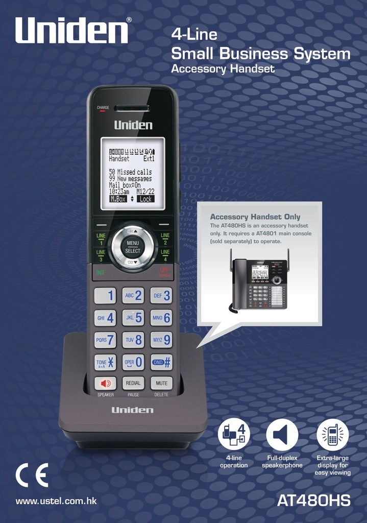 [83027] Uniden AT480HS 4-Line Small Business System Accessory Handset Image 