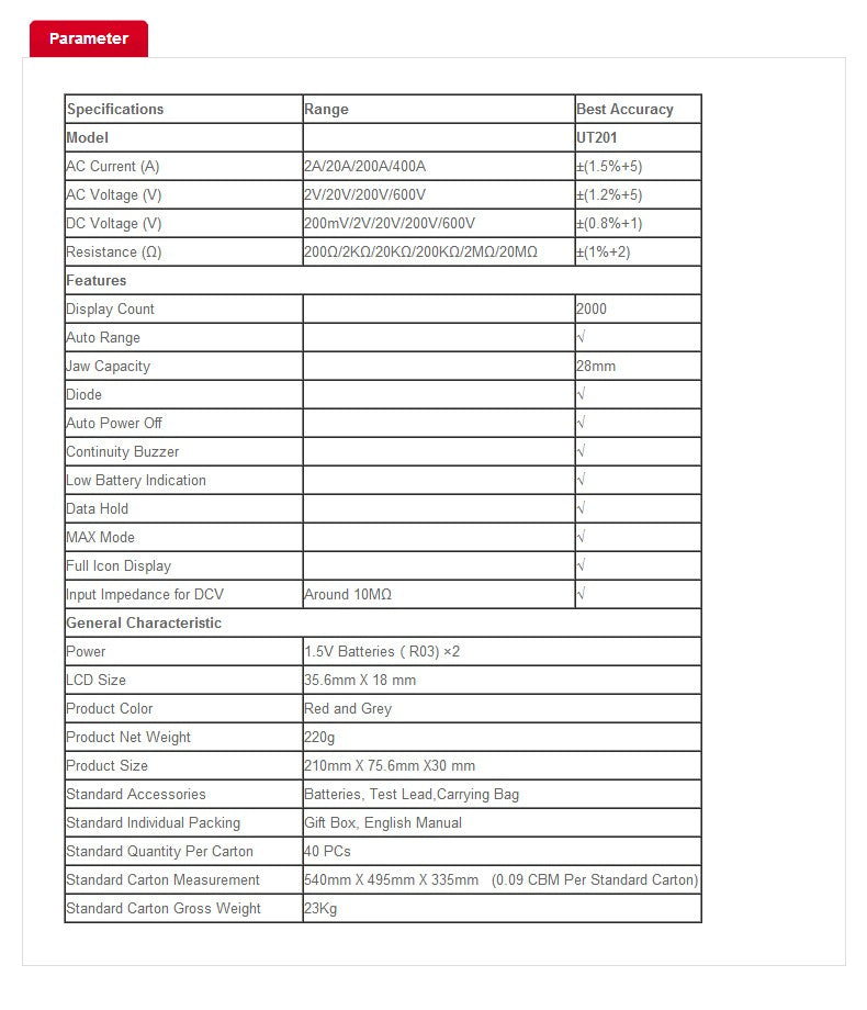 [82722] UNI-T 600A Digital Clamp Meter Auto Range Kaw Capacity 28mm Continuity Buzzer - UT202A+ Image 