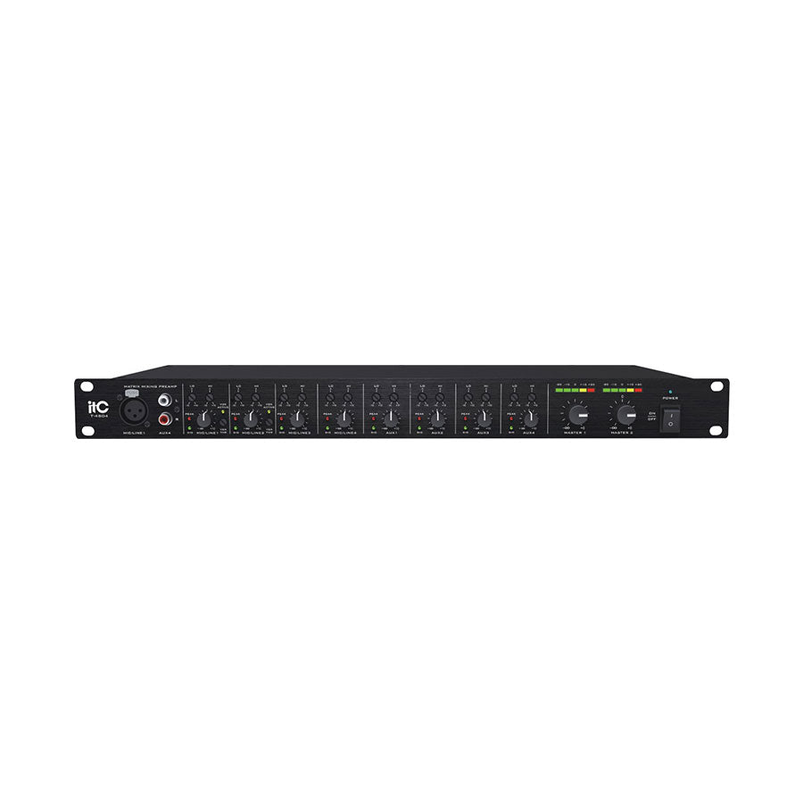 Stereo Mixer Pre-Amp, 8 inputs & 4 XLR balanced outputs (4 mic/line XLR balanced inputs with 48V power switch + 4 Aux unbalanced inputs, each channel with volume and tone control)