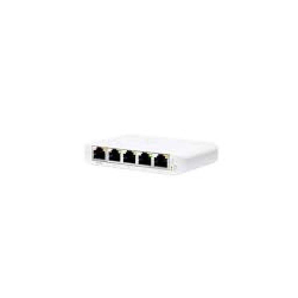 Ubiquiti UniFi Switch Flex Mini with 5-Port managed Gigabit Ethernet switch powered by 802.3af/at PoE or 5V, 1A USB-C power adapter.
