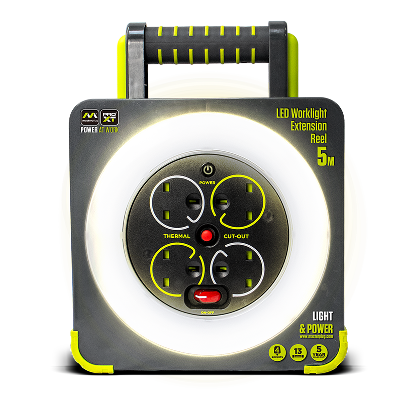 Masterplug Pro-XT 4 Socket LED Work Light Extension Reel with Fold Out Stand
