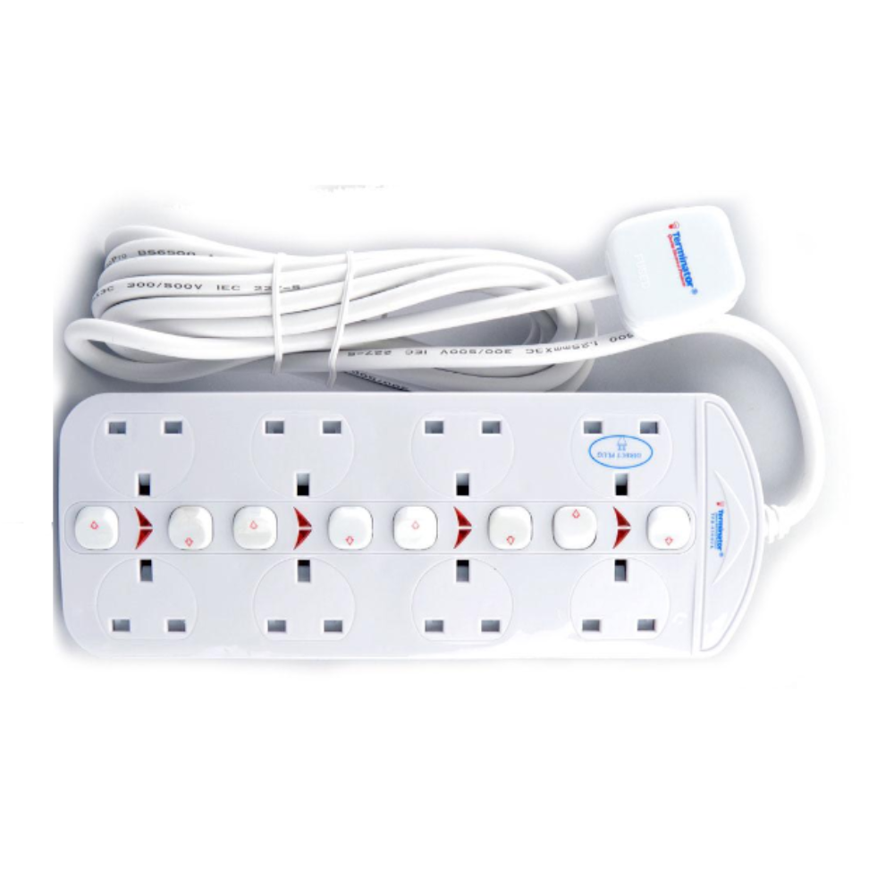 Terminator 8 Way Double Side UK Power Extension Socket With Individual Switches 3M 1.25mm2 Cable 13A Plug Esma & G-Mark Approved