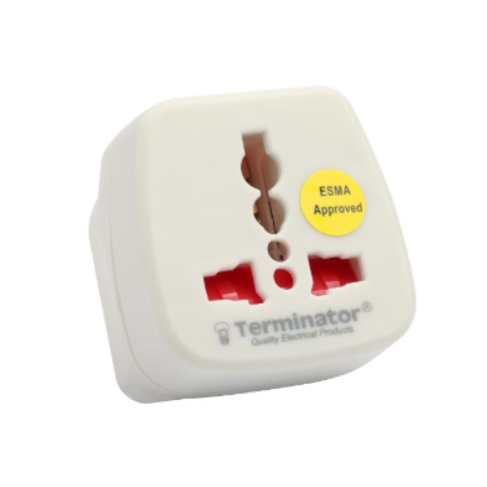 Terminator Travel Adaptor-13A Universal Socket in front & 2 pin socket on top with copper Earth pin Esma Approved