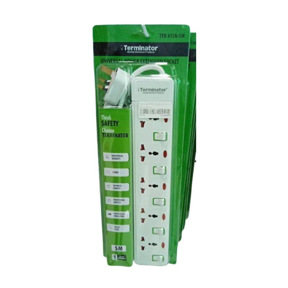 Terminator 5 Way Universal Power Extension Socket With Green Border Switches & Indicators 5M 13A