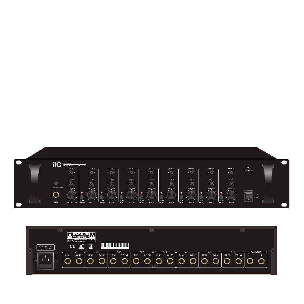 ITC 8 channel pre-amplifier, 8 line input with separate volume control, bass & treble control, 8 unbalanced line output