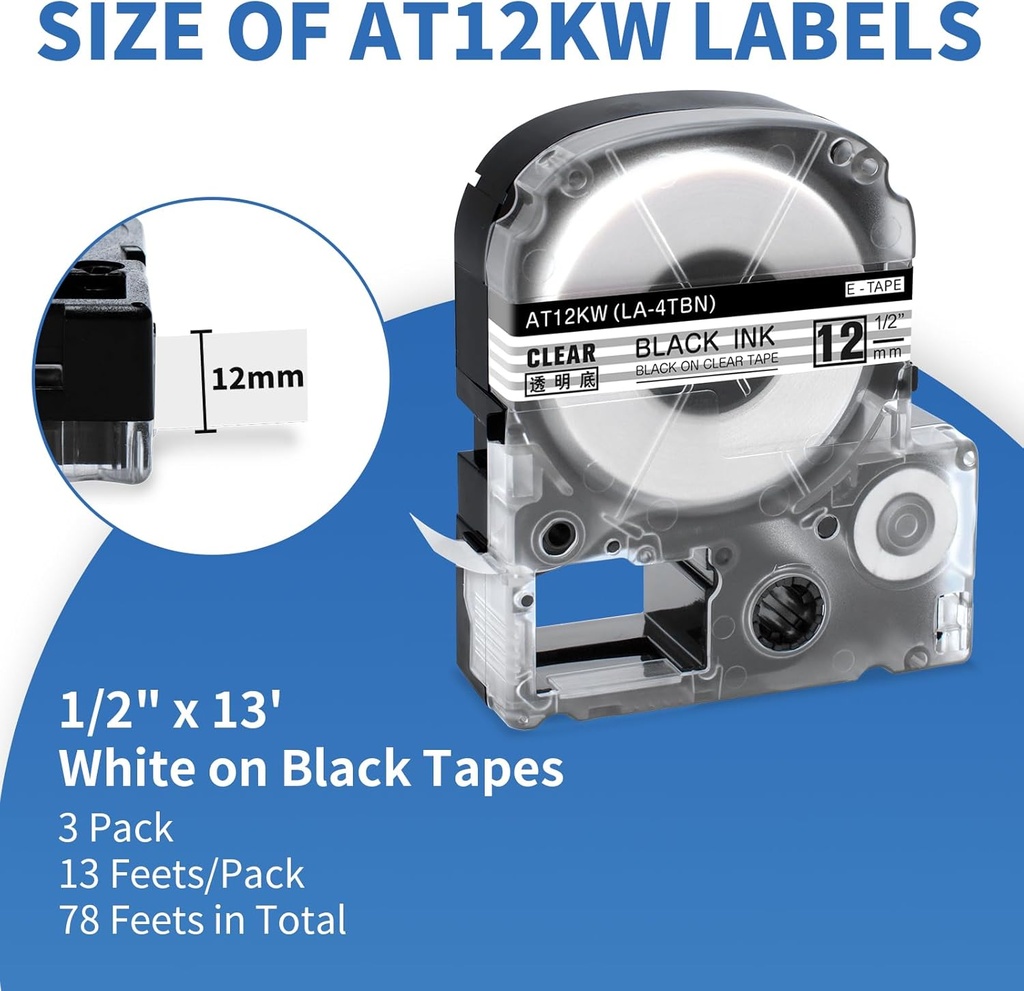 Epson Compatible Standard Label Tape (Black on Clear)12mm x 8m