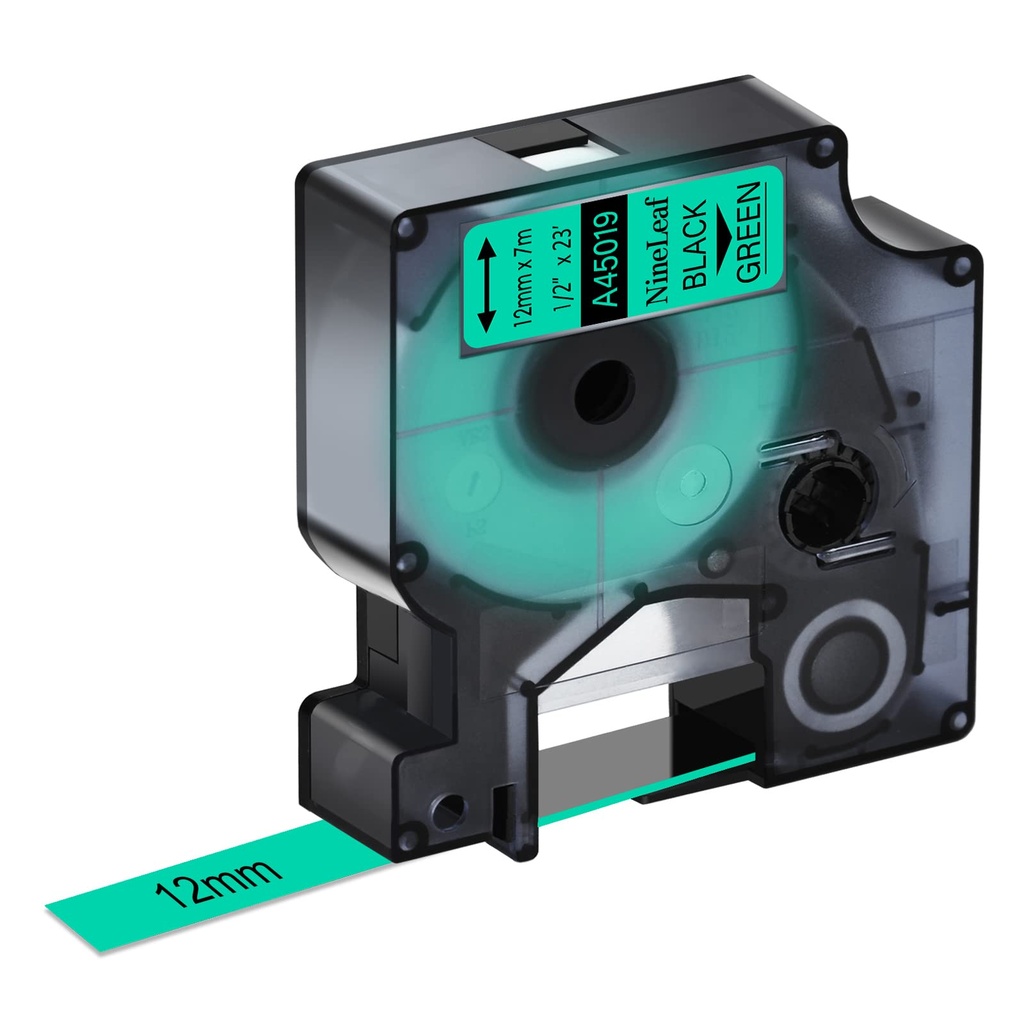 DYMO D1 Standard Label Tape (Black on Green) 12mm x 7m