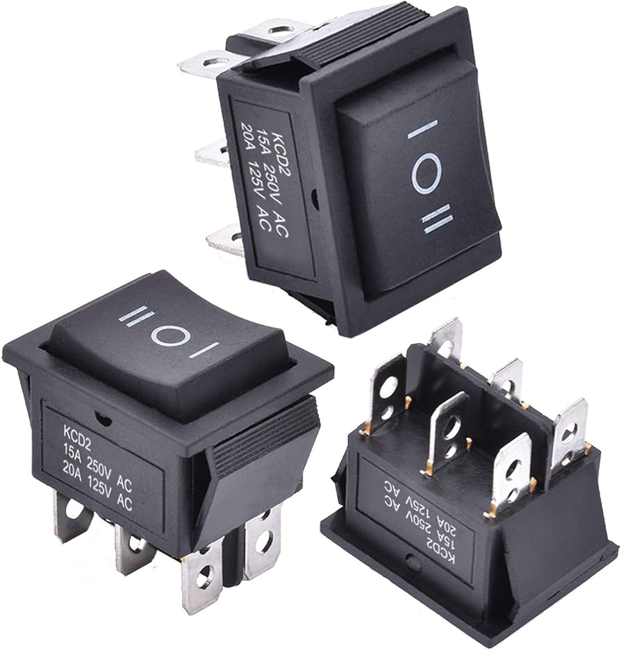 Rocker Switch 6 pin 2 way On Off On black housing,black button,"I O II" marked