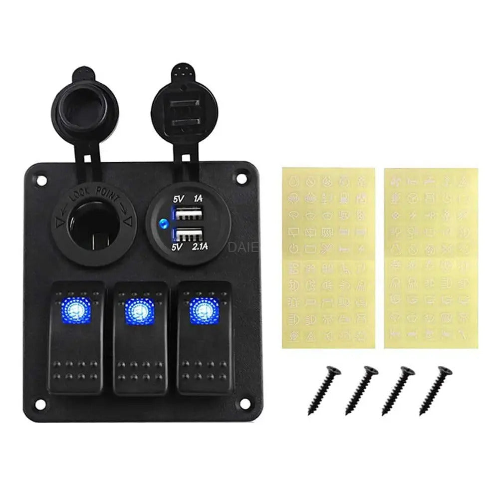 3 Gang Switch Panel - Marine Grade - 3 1 USB Port - 1 Power Socket