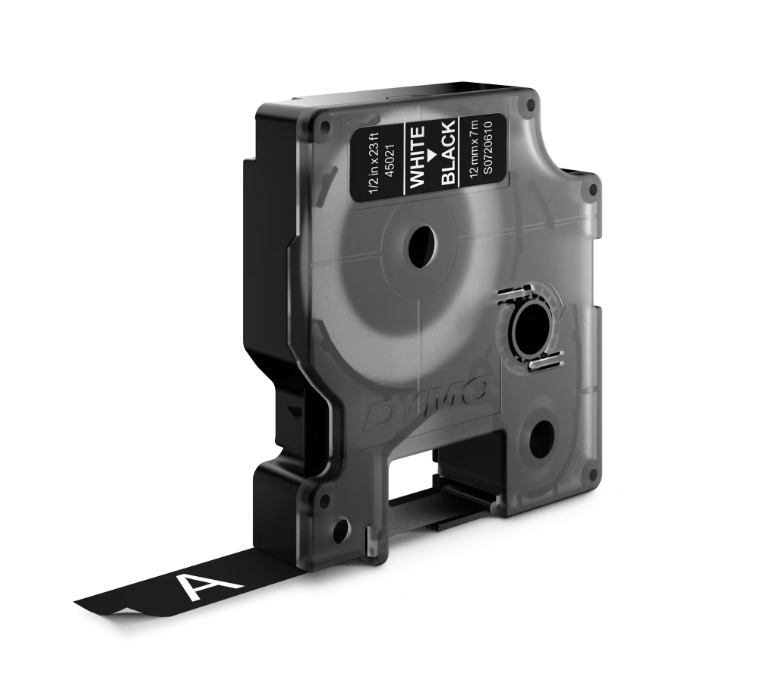 DYMO D1 Standard Labels - White Text on Black Label 5" - 12mm