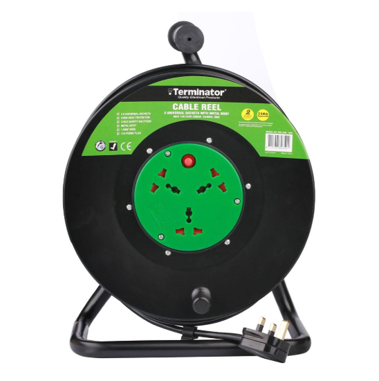 Terminator 3 Way Universal Power Extension Reel Metal Spool Over Heat Protector 50M