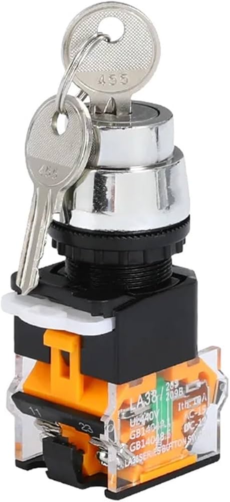 Control Button with Key LA38-11Y2, Self-locking, Sliver
