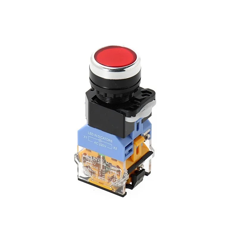Flat-head Button with Light LA38-11D , AC220V,Red Self-Reset ,Sliver