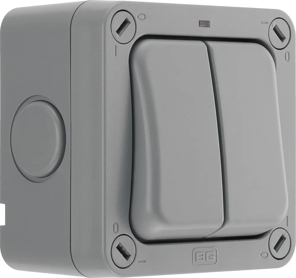BG UV stable IP66 20AX Wide Rocker Double Switch/ 2 Way/ Neon Storm Weatherproof