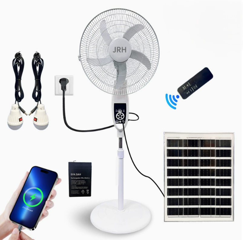 Electricity Rechargeable Solar Pedestal Fan with Solar Panel 16 Inch 220V & LED Lights Bulb
