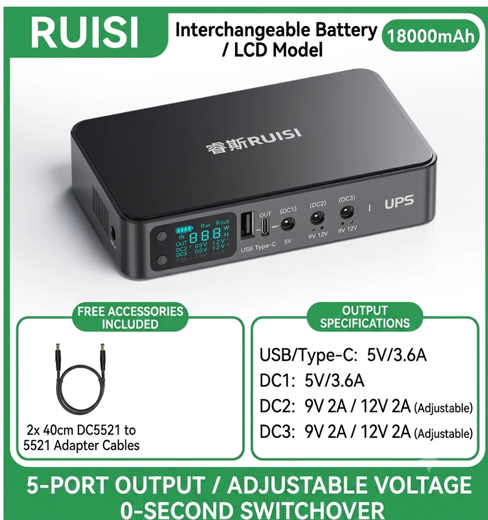 Mini UPS Uninterruptible Power Supply UPS Battery DC USB Type-C Interface DR2P 18000mAh (Replaceable Battery)