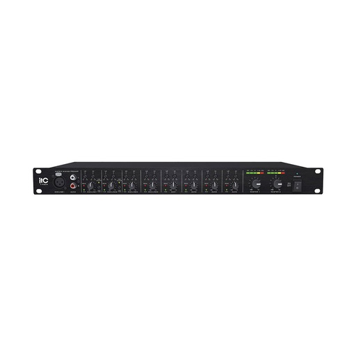 Stereo Mixer Pre-Amp, 8 inputs & 4 XLR balanced outputs (4 mic/line XLR balanced inputs with 48V power switch + 4 Aux unbalanced inputs, each channel with volume and tone control)