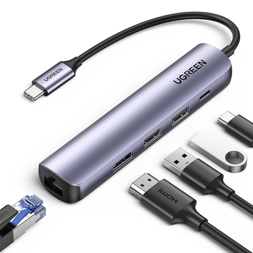 [82396] UGREEN USB-C to 2*USB 3.0+HDMI+RJ45 Ethernet Adapter+PD