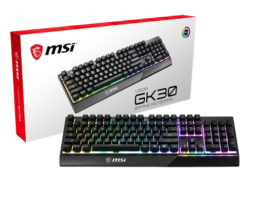 [83281] MSI VIGOR GK30 RGB Gaming Keyboard, 6-Zone RGB Lighting, Water Repellent & Splash-Proof, Mechanical-Like Plunger Switches