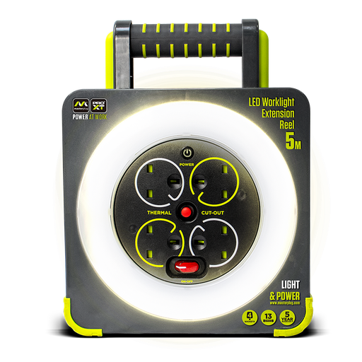 [83294] Masterplug Pro-XT 4 Socket LED Work Light Extension Reel with Fold Out Stand
