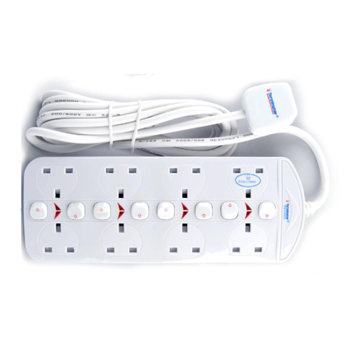 [83730] Terminator 8 Way Double Side UK Power Extension Socket With Individual Switches 3M 1.25mm2 Cable 13A Plug Esma & G-Mark Approved